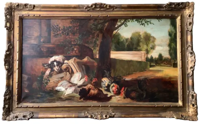 18th/19th Century Portrait of a Dog Attacking Chickens Dutch Oil Canvas Painting