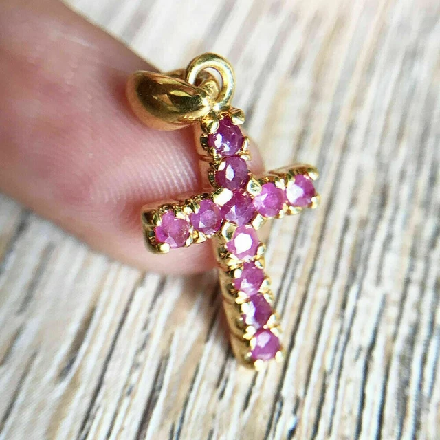 2Ct Round Cut Simulated Diamond Pink Cross Pendant 14K Yellow Gold Plated FN