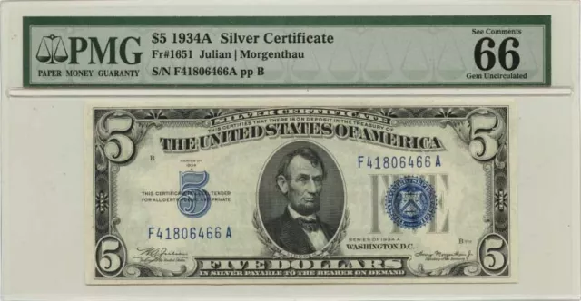 1934 A Silver Certificate Blue FR#1651 PMG Gem 66 EPQ