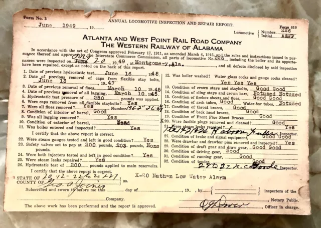 Vtg 1949 Railroad Railway Signed Locomotive Inspection Report Atlanta