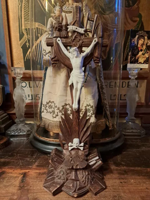 Big Antique Black Forest Tools Pasion Carved Wood Standing Cross Bisque Corpus