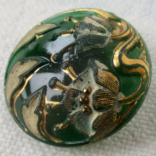 13/16" Victorian Glass Flower Button w Gold Luster and Brass Loop Shank & Plate
