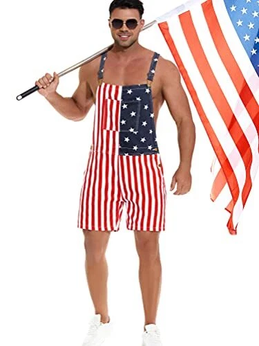 Yuanbang American Flag Overalls Bib Denim Shorts Jean Romper XX-Large Red