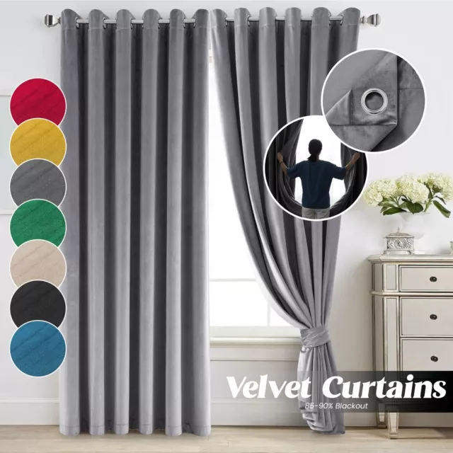 Luxury Velvet Curtains Thick Thermal Blackout Ring Top Fully Lined Pair Eyelet