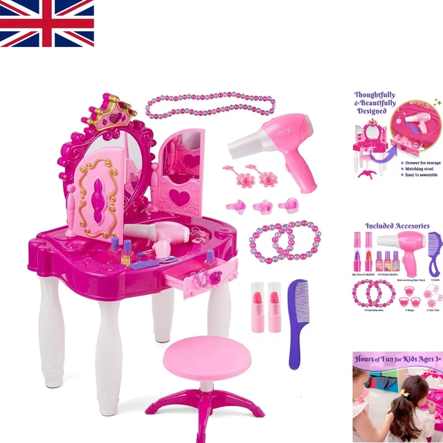 Set Tavolo Vanità Principessa Rosa Bambini - Specchio Bellezza - Sedia Sgabello - Accessori