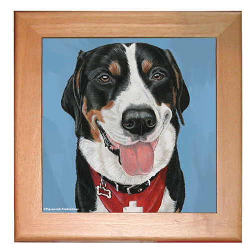 Greater Swiss Mountain Dog Kitchen Ceramic Trivet Framed in Pine 8" x 8"