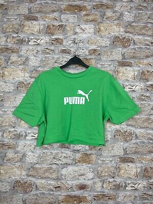 T-shirt sportiva donna Puma bold logo verde vintage oversize crop top UK 6-12 *1