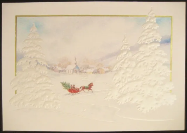 Vintage Christmas Greeting Card Village in Winter/Horse Drawn Sleigh w Xmas Tree