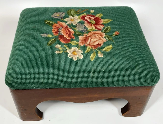 Vintage 12.75" Green Rose Flower Floral Handmade Needlepoint Footstool Stool