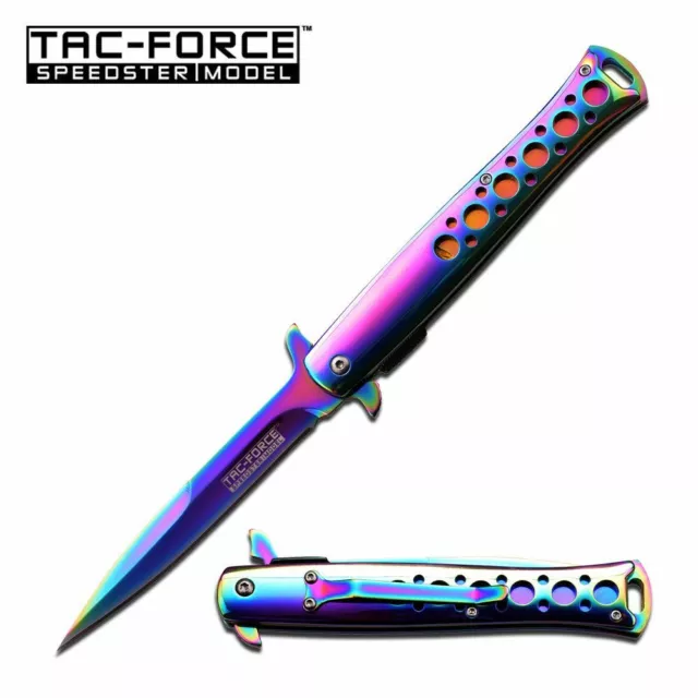 SPRING-ASSIST FOLDING POCKET KNIFE | Tac-Force Rainbow Chrome Stiletto Blade EDC