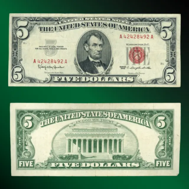 1963 $5 Five Dollars Legal Tender Notes, Red Seal, VG/VF