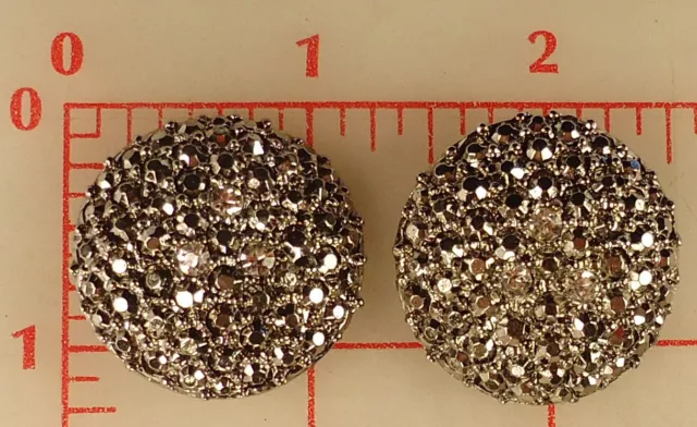2 Large Dark Silver Metal Rhinestone Buttons Hematite 3 Crystal Czech 1.25" 534