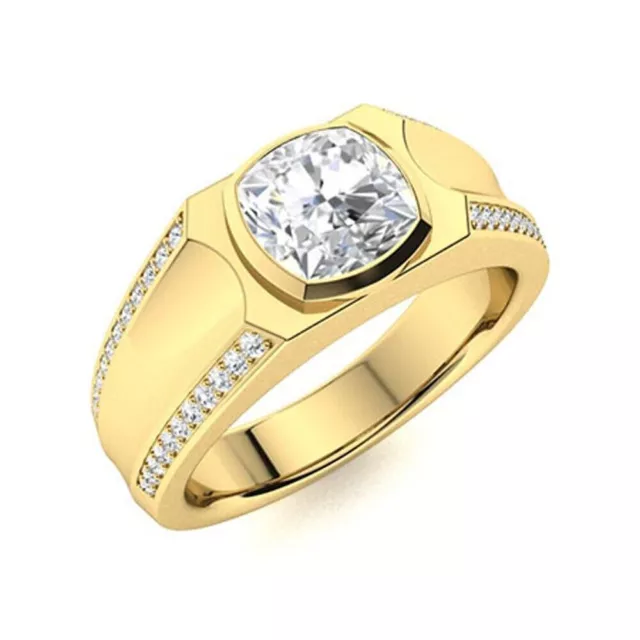 Yellow Gold Ring Cushion 1.20 Ct Diamond Mens 14k Solid Lab Created 8 mm Width