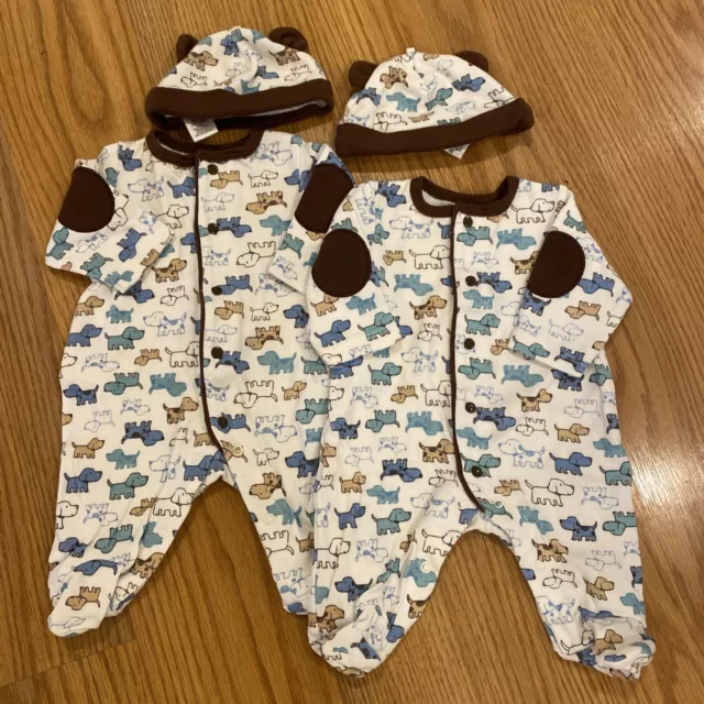 Preemie Twin Baby Boy Little Me Puppy Footed One Pieces w/Matching Caps