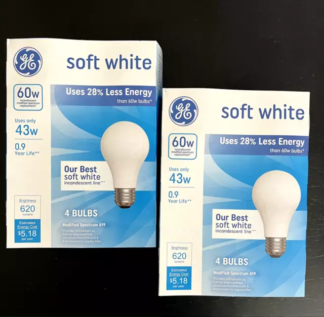 8 Light Bulbs GE 60 Watt Soft White Basic Light Bulbs A19 2-Pack 4 Bulbs Each