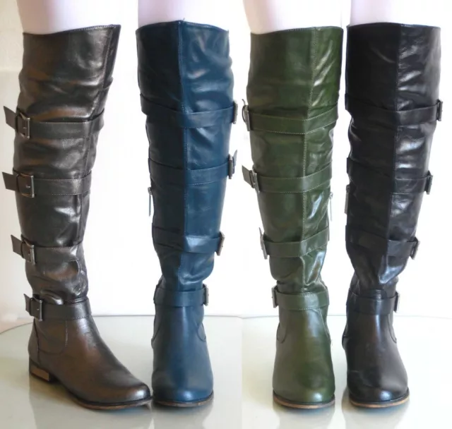 New Womens Thigh Knee High Buckle Military Boots Black Green Blue Pewter 6 7 8 9
