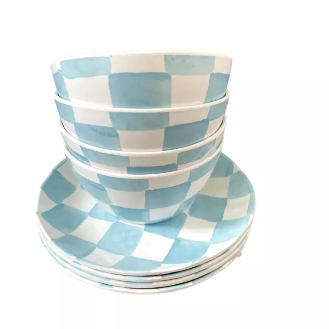8 pc BLUE & WHITE Checkered Melamine Round Appetizer Plates &Tidbit Bowls NEW