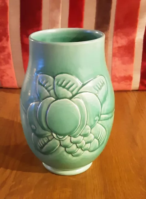 Lovely Vintage 1920s Green Crown Ducal Vase With Embossed Raised Floral Design