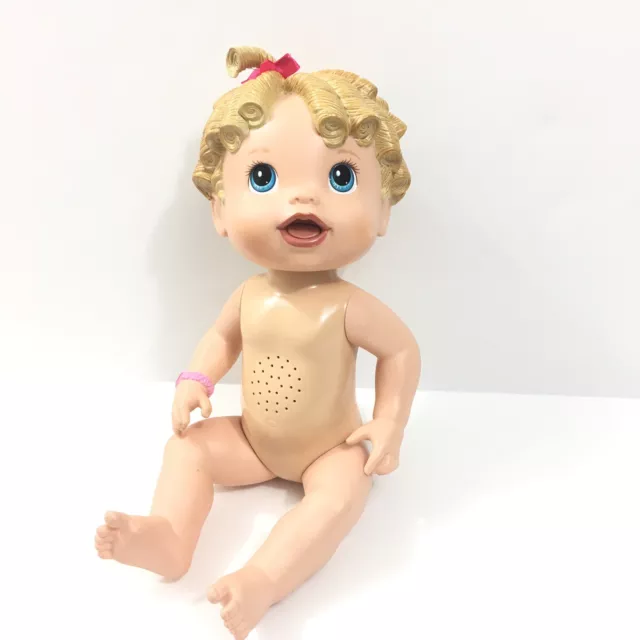 2009 Hasbro Talking Baby Alive "All Gone" Doll Curly Blonde Hair Blue Eyes