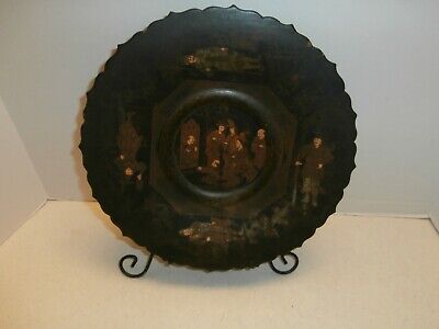 Antique Victorian Chinoiserie Paper Mache Pedestal Plate Laquer Hand Painted