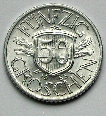 1955 AUSTRIA Aluminum Coin - 50 Groschen - AU+ toned-lustre - eagle coat of arms 2