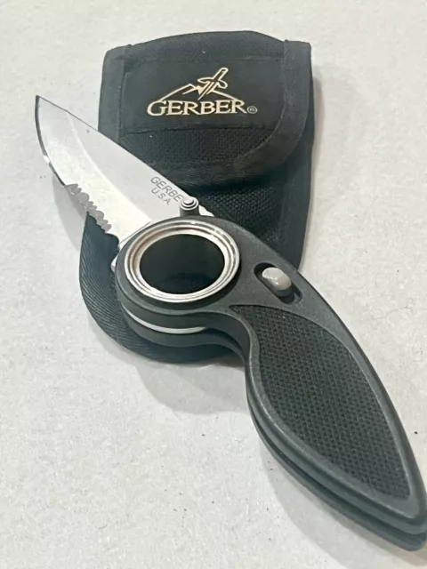 GERBER Knife Made In USA Sheath Chameleon Finger Hole Locking Black Handle 8.5in