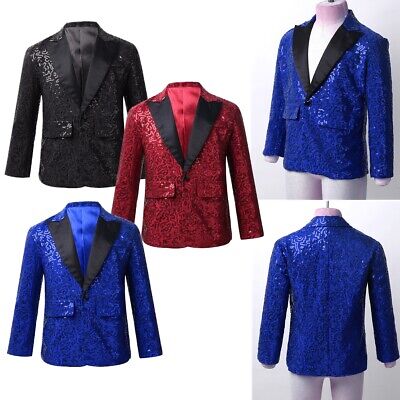 Kids Boys Suit Shiny Sequins Blazer Tuxedo Wedding Banquet Party Jacket Coat