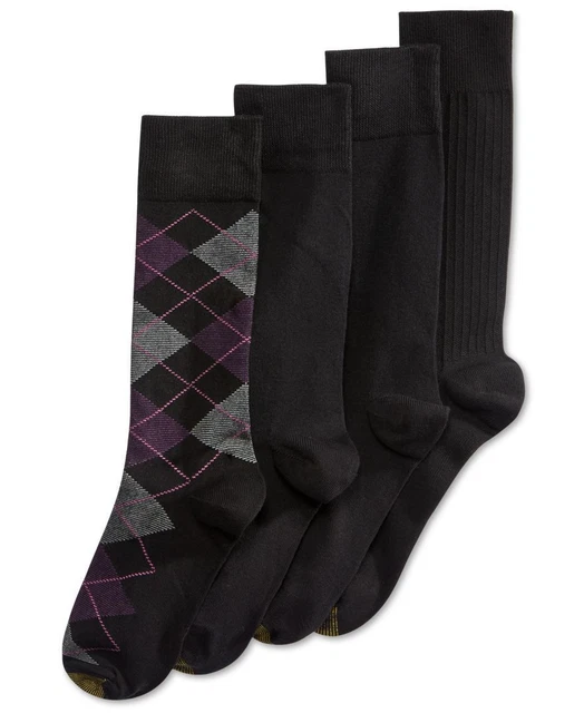 $43 Gold Toe Mens 4 Pairs Pack Crew Dress Socks Black Argyle Cotton Shoe 6-12