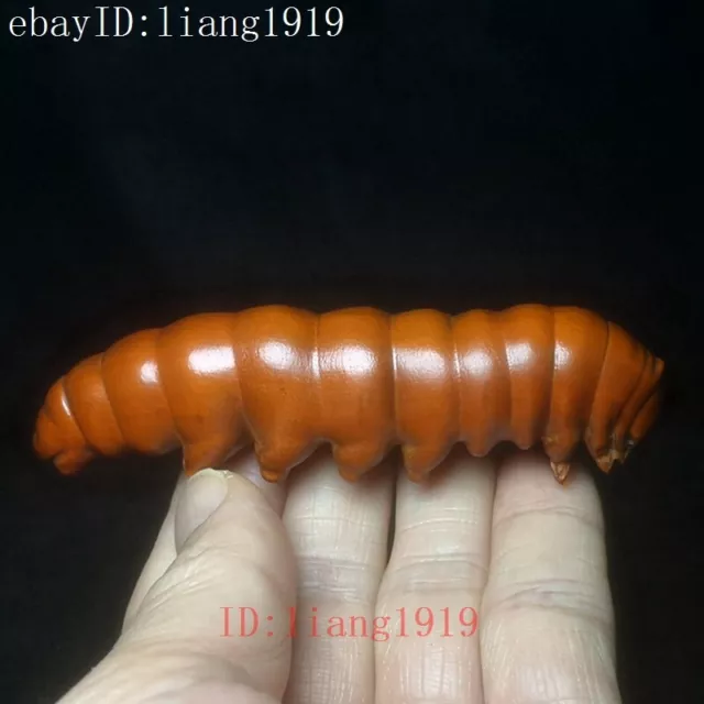 L 4 inch Old Chinese Boxwood Hand carved Silkworm Figure Statue Gift Collection
