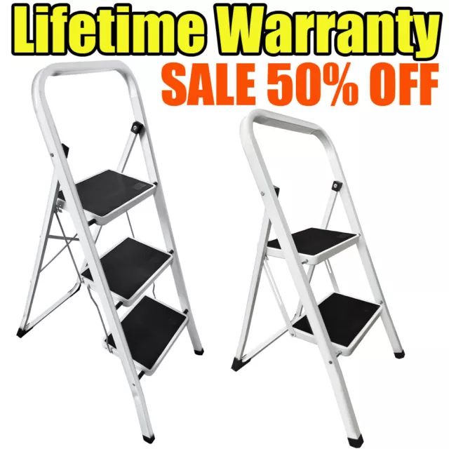 Folding 2 3 Step Ladder Stool with Wide Anti-Slip Pedal Sturdy Steel Ladder