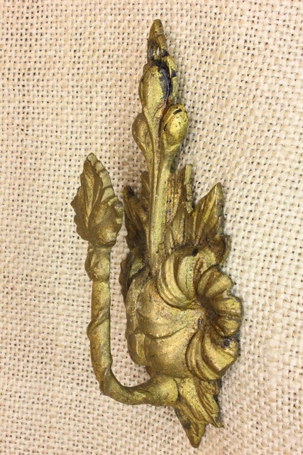 Old Hook Fancy picture Hanger Curtain Tieback Leaves Flower Brass Victorian 4