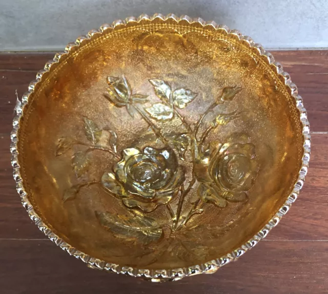 Marigold / Amber Carnival Glass Medium Size Round Roses Bowl