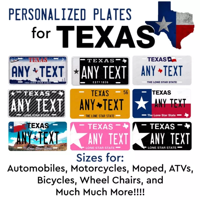 Personalized Text TEXAS License Plate Tag for Auto Car Bicycle ATV Bike Moped