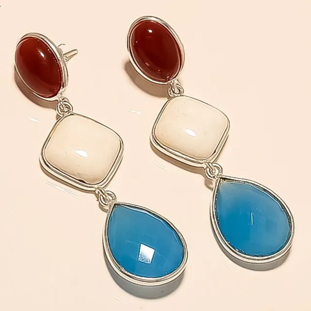 Natural Chalcedony, White & Red Agate Earrings 925 Sterling Silver Fine Jewelry