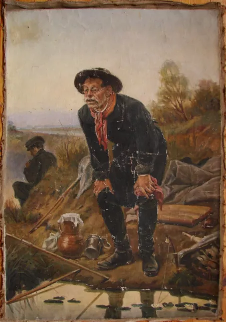 Ukrainian Soviet USSR oil painting realism fisherman fishing tackle picnic