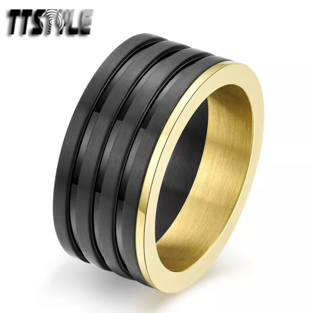 TTStyle 10mm Width Black/Gold Brushed Stainless Steel THICK Band Ring Size 6-15