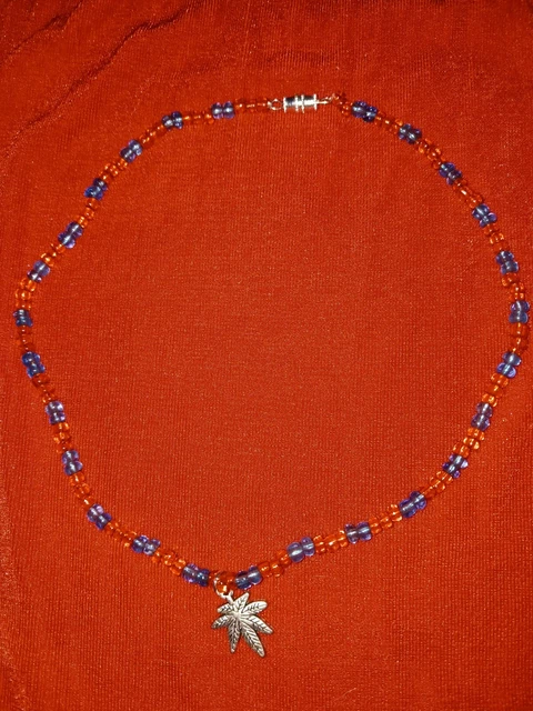 Marijuanna Leaf Necklace Orange & Blue Glass Bead Rasta Cannibis