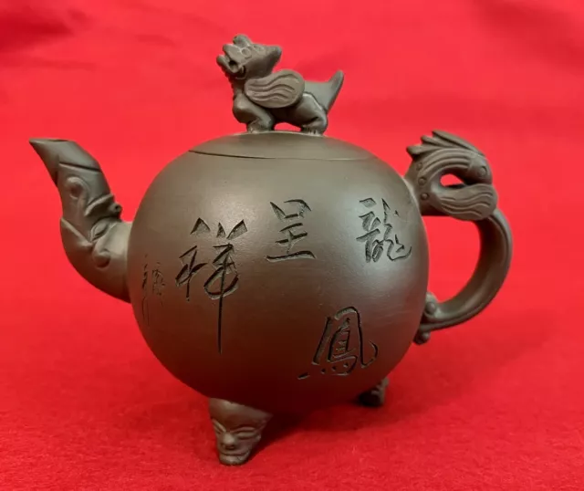 VTG Chinese Yixing Zisha Clay Footed Teapot Animal Spout & Handle Maker Marks
