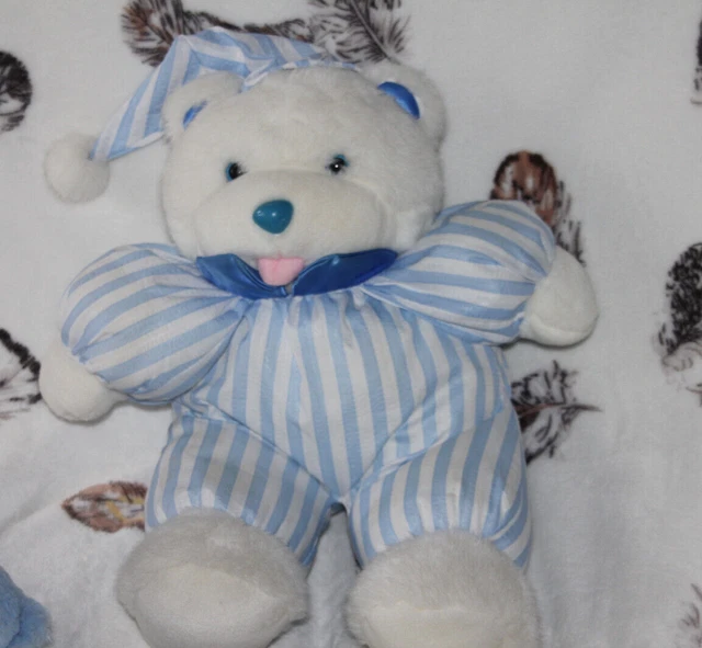 doudou peluche SUPERTOYS OURS  rayé BLEU BLANC idem PAMPERS parfait état 45 cm