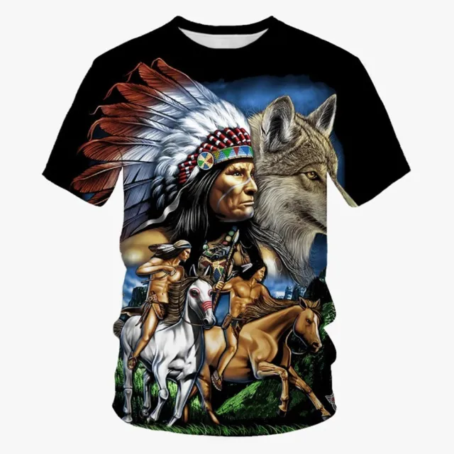 Native American Indian Chief Wolf Eagle Print Tees Unisex Short Sleeve T-Shirt