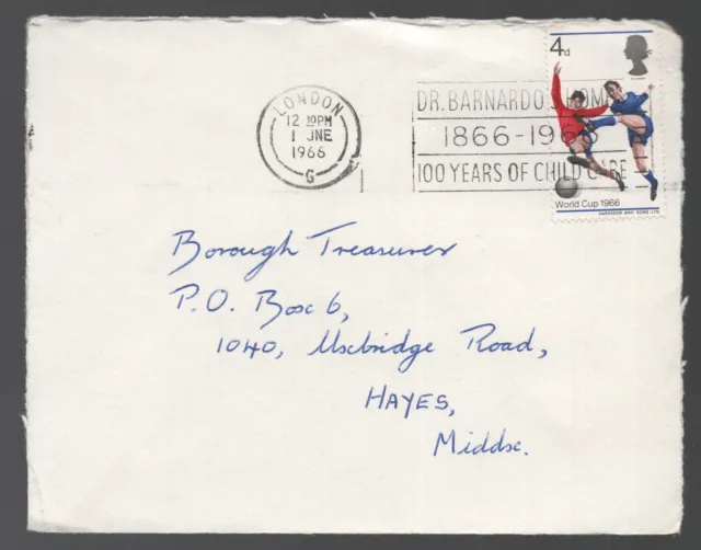 1966 4d Football World Cup FDC. Dr Barnardo London Slogan First Day Cover