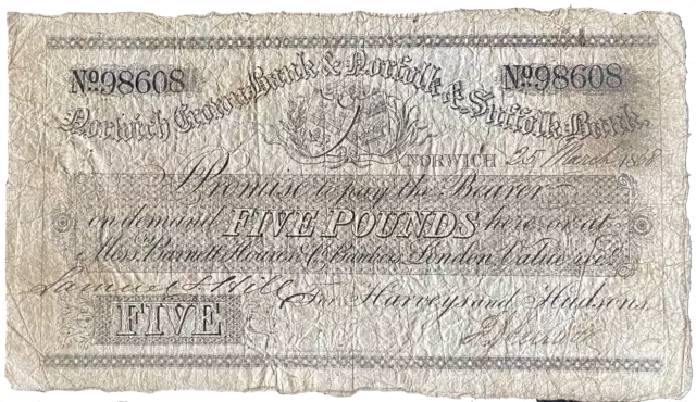 Norwich Crown Bank & Norfolk & Suffolk Bank 1868 £5 banknote Outing 1606k