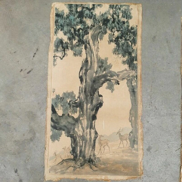 Old Chinese Scroll Painting "Xu Beihong deer" Painting Paper slice