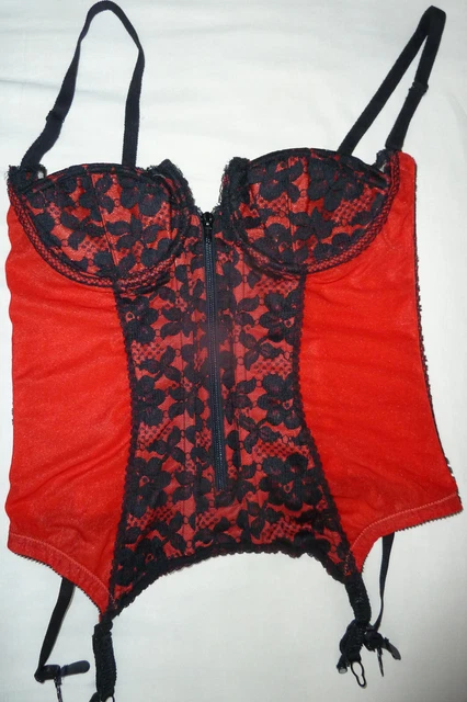 Corsetto basco vintage Berlei 38B rosso e nero sexy 1/2 cerniera anteriore opzionale senza spalline