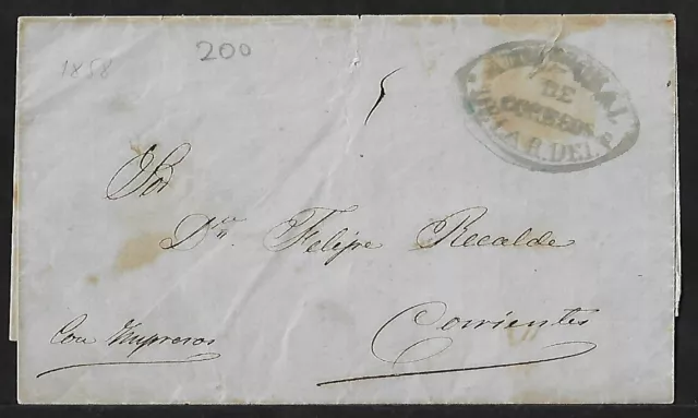 Paraguay Asuncion To Corrientes Argentina Stampless Cover 1858