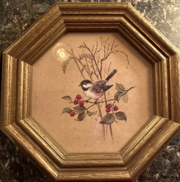 Set of 2 Bird Prints In Octagon Gold Frames  Homeco 1983 3