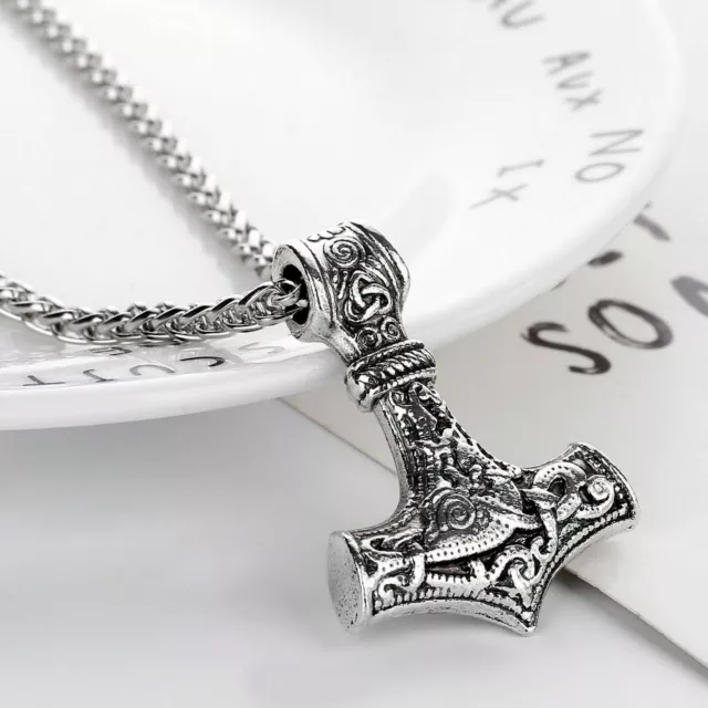 Viking Thors Hammer Pendant Necklace Mjolnir Nordic Silver Steel Keel Chain