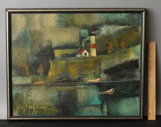 Signed W.E. MESSNER American Mid-Century Modernist Lighthouse Maritime Painting