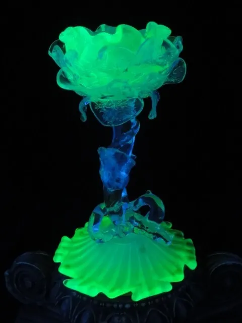 Antique Loetz Uranium Opalescent Paeonie Art Glass Floriform Candlestick Holder 2