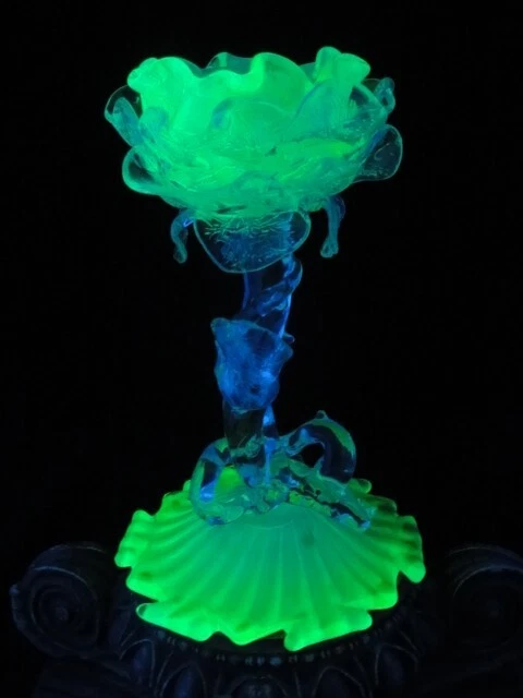 Antique Loetz Uranium Opalescent Paeonie Art Glass Floriform Candlestick Holder 2